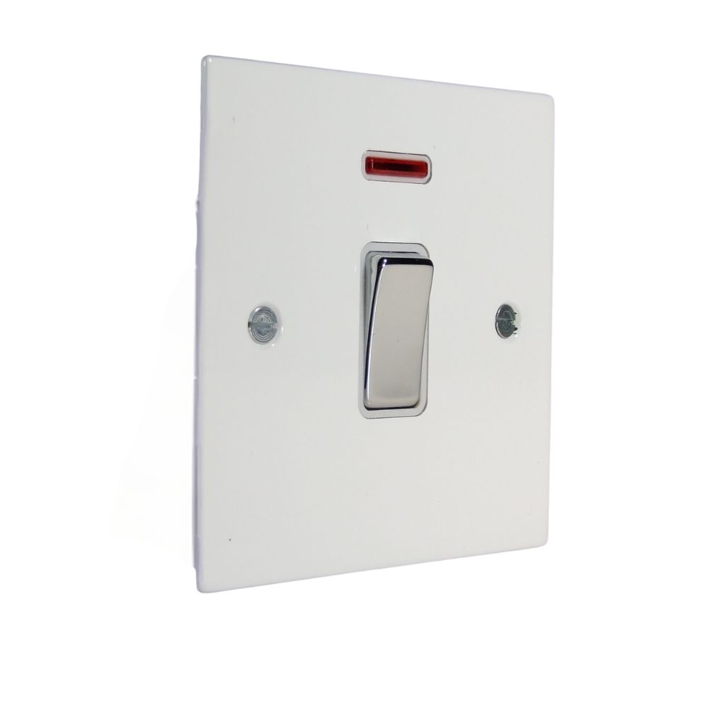Gloss White Metal Flat Plate Double Pole Light Switch with Neon  Polished Chrome and White
