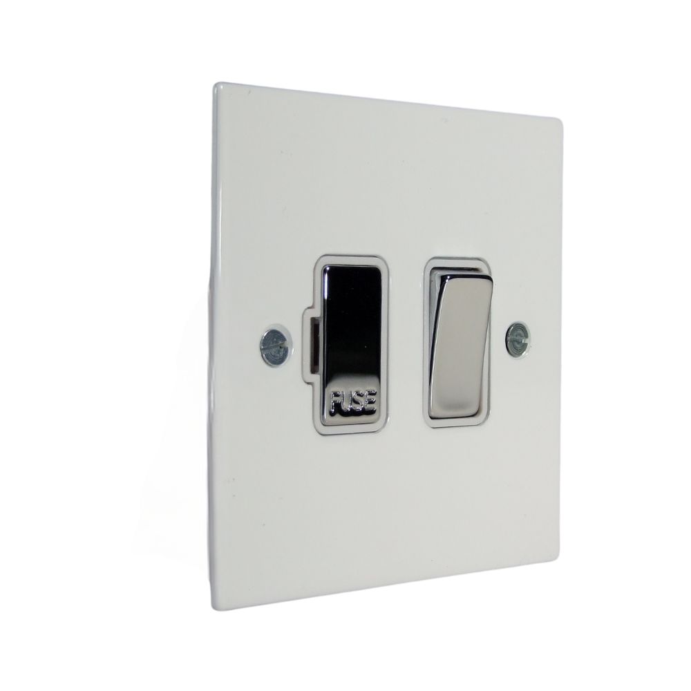 Gloss White Metal Flat Plate Switch Fuse Spur Polished Chrome and White