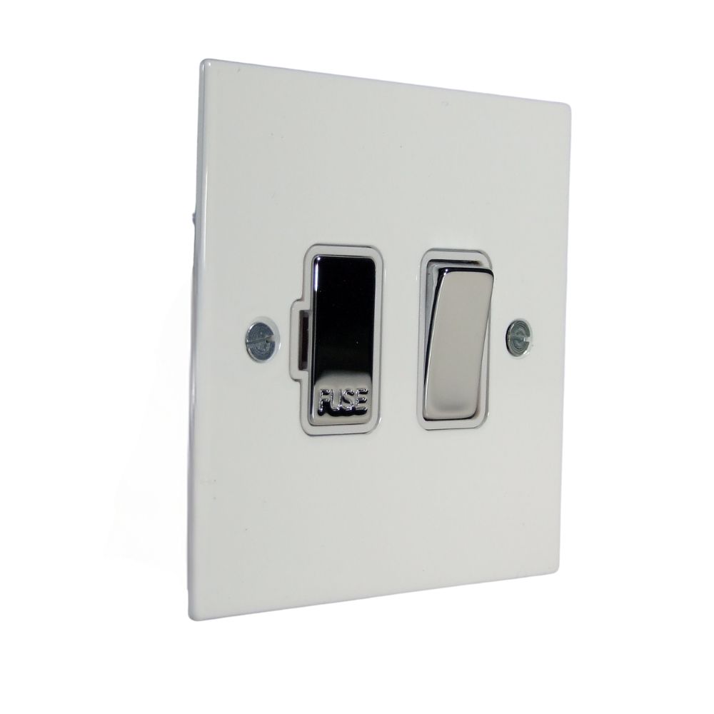 Gloss White Metal Flat Plate Switch Fuse Spur Satin Stainless and White