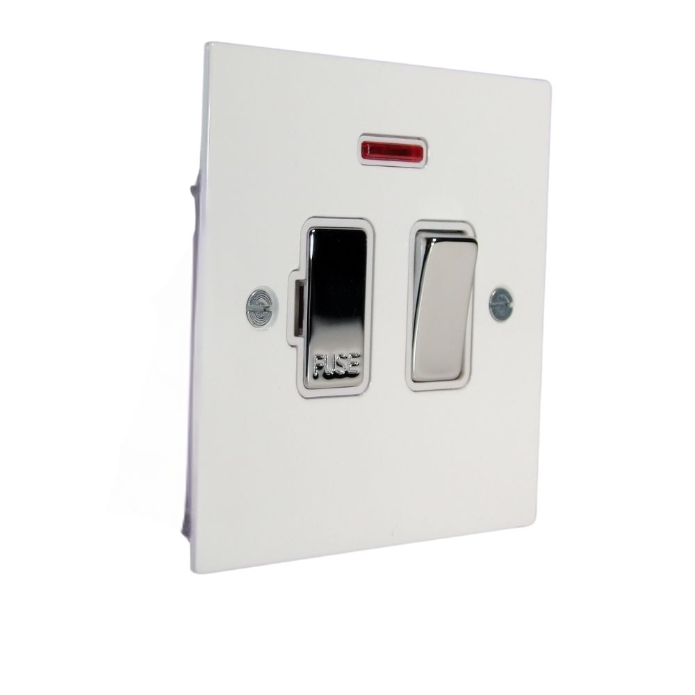 Gloss White Metal Flat Plate Switch Fuse Spur with Neon Polished Chrome and White