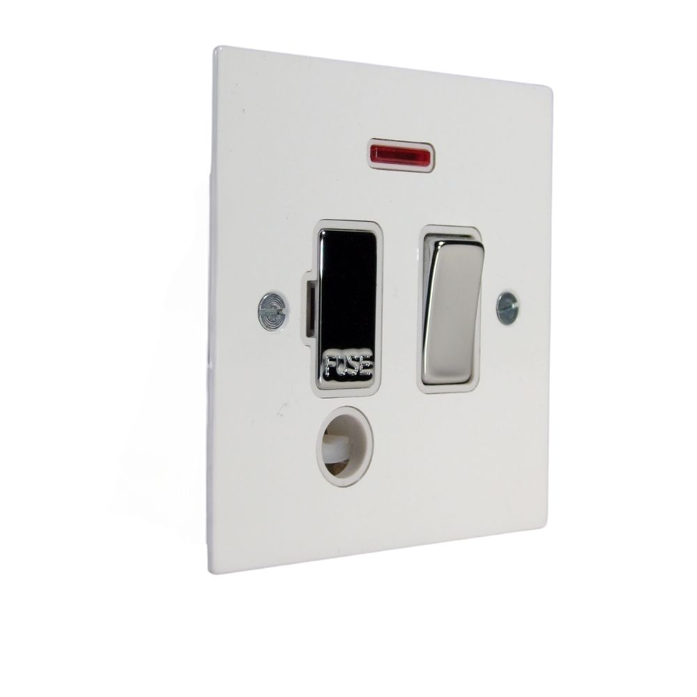 Gloss White Metal Flat Plate Switch Fuse Spur with Neon and Flex Outlet Polished Chrome and White
