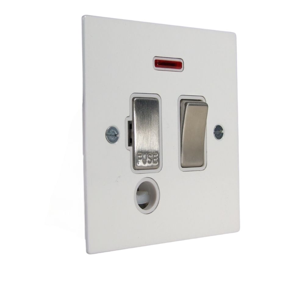 Gloss White Metal Flat Plate Switch Fuse Spur with Neon and Flex Outlet Satin Stainless and White