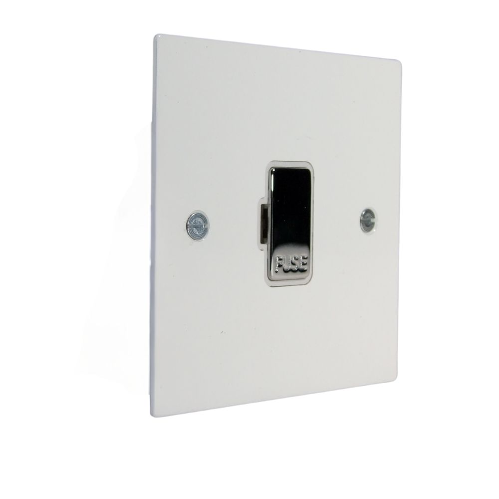Gloss White Metal Flat Plate Unswitched Fuse Spur Polished Chrome and White