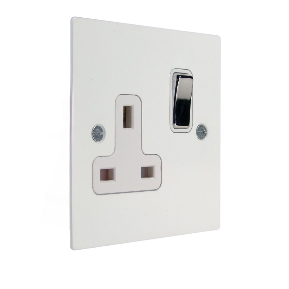 Gloss White Metal Flat Plate Single Switched Socket Polished Chrome and White