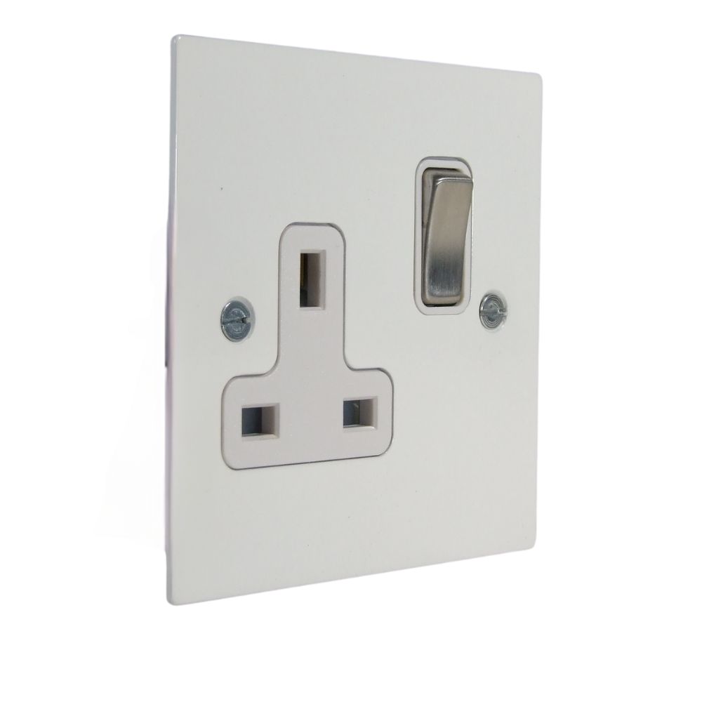 Gloss White Metal Flat Plate Single Switched Socket Satin Stainless and White