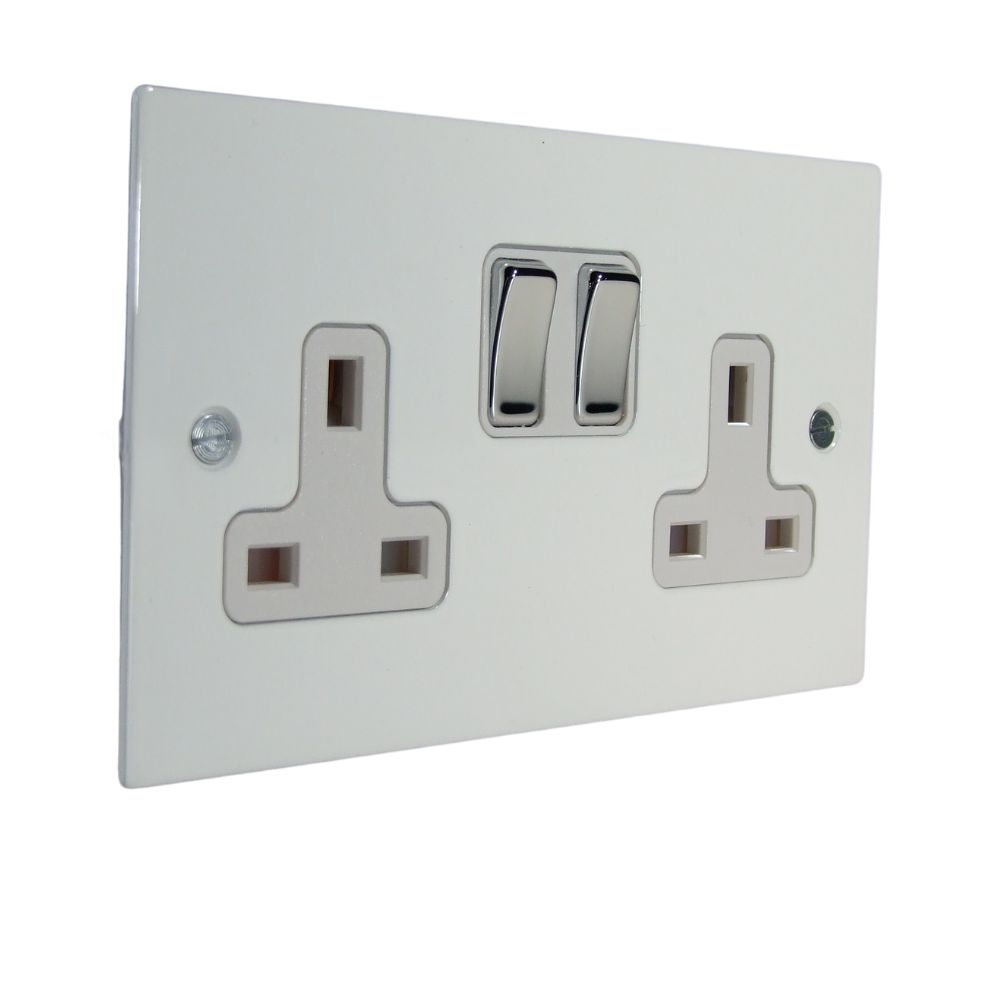 Gloss White Metal Flat Plate Double Switched Socket Polished Chrome and White