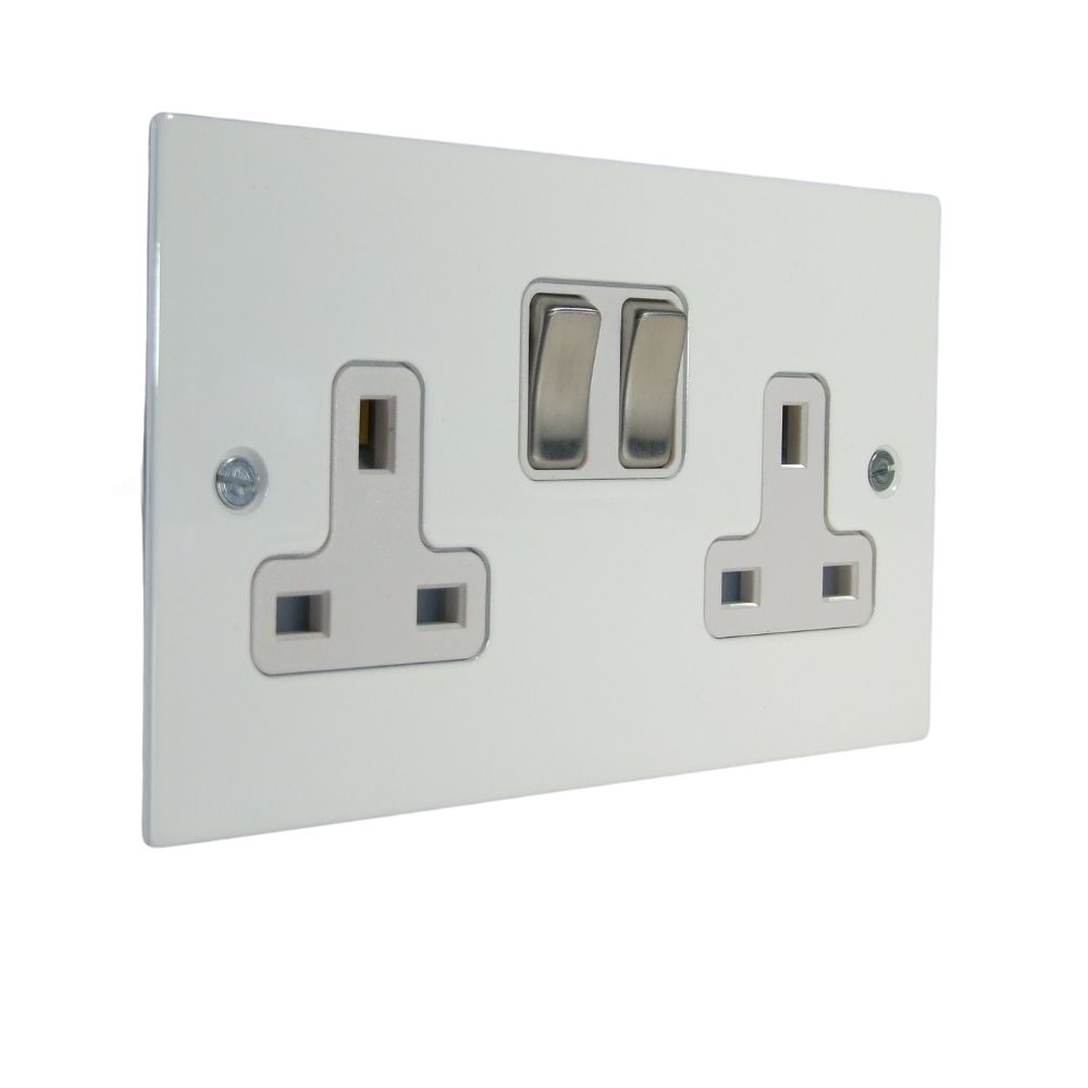 Gloss White Metal Flat Plate Double Switched Socket Satin Stainless and White