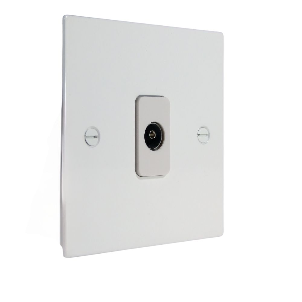 Gloss White Metal Flat Plate Single Non-Isolated Co-Axial Socket White