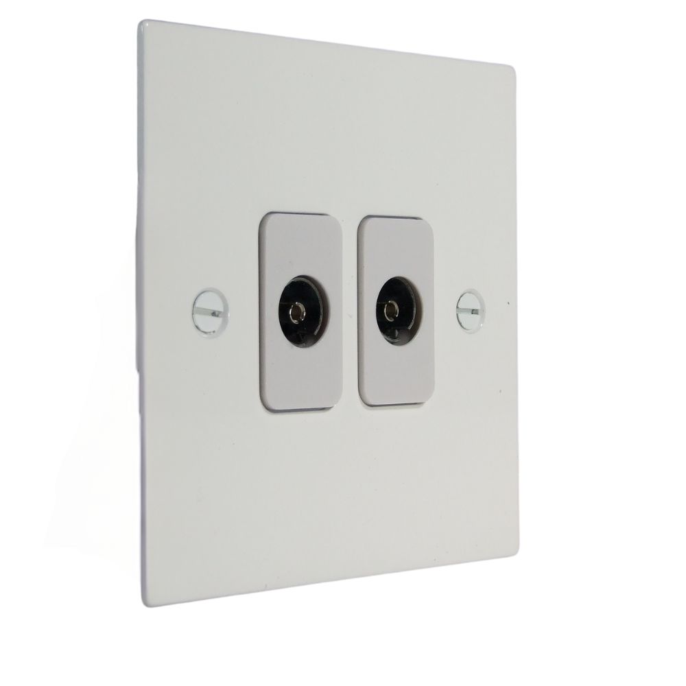 Gloss White Metal Flat Plate Double Non-Isolated Co-Axial Socket White