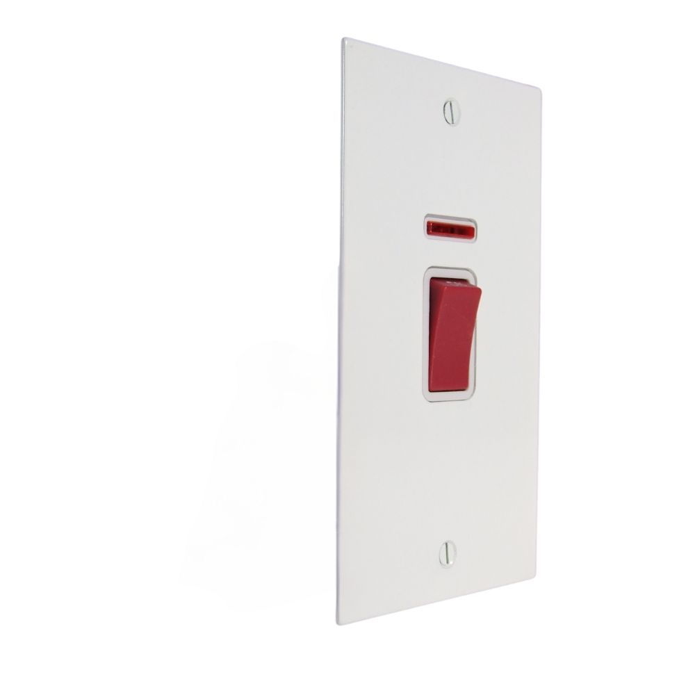 Gloss White Metal Flat Plate Double Pole Cooker Switch with Neon on a Vertical Twin Plate White