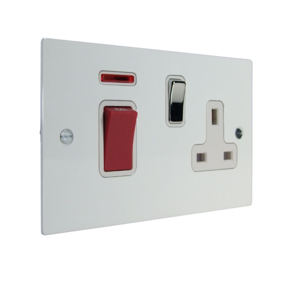 Gloss White Metal Flat Plate Double Pole Cooker Switch with Neon and Single Switched Socket Polished Chrome and White