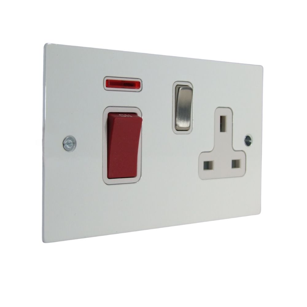 Gloss White Metal Flat Plate Double Pole Cooker Switch with Neon and Single Switched Socket Satin Stainless and White