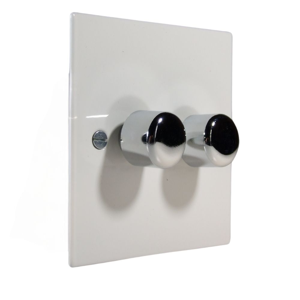 Gloss White Metal Flat Plate Double 250W Dimmer Light Switch with Polished Chrome Caps