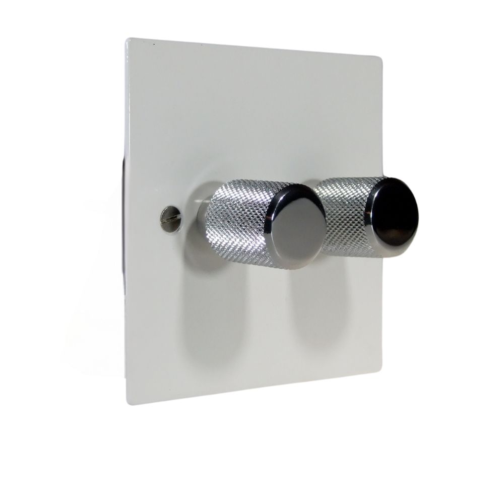 Gloss White Metal Flat Plate Double 250W Dimmer Light Switch with Chrome Retro Caps