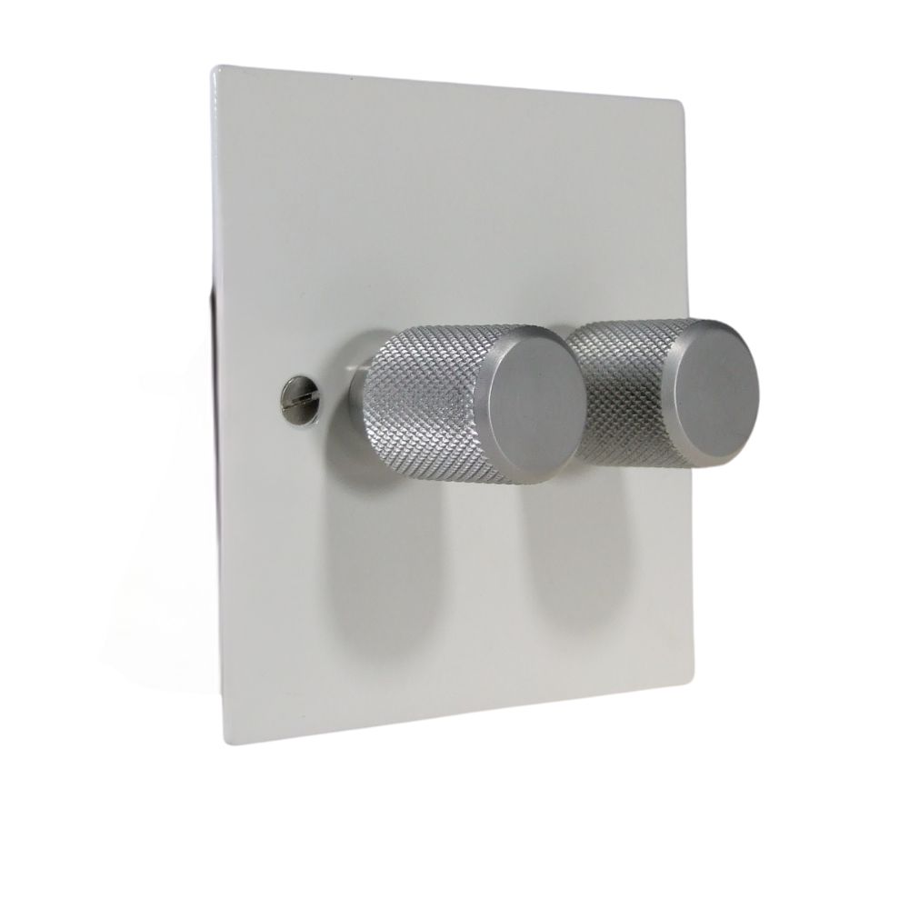 Gloss White Metal Flat Plate Double 400W Dimmer Light Switch with Satin Retro Caps
