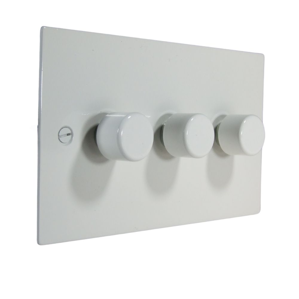 Gloss White Metal Flat Plate Triple 250W Dimmer Light Switch with Matching Caps