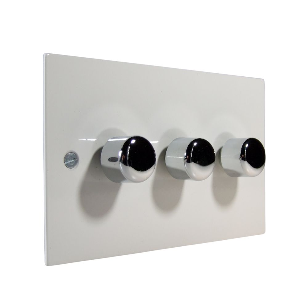 Gloss White Metal Flat Plate Triple 250W Dimmer Light Switch with Polished Chrome Caps