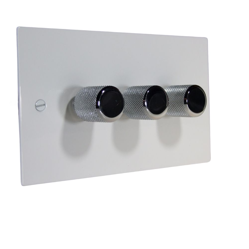 Gloss White Metal Flat Plate Triple 250W Dimmer Light Switch with Chrome Retro Caps