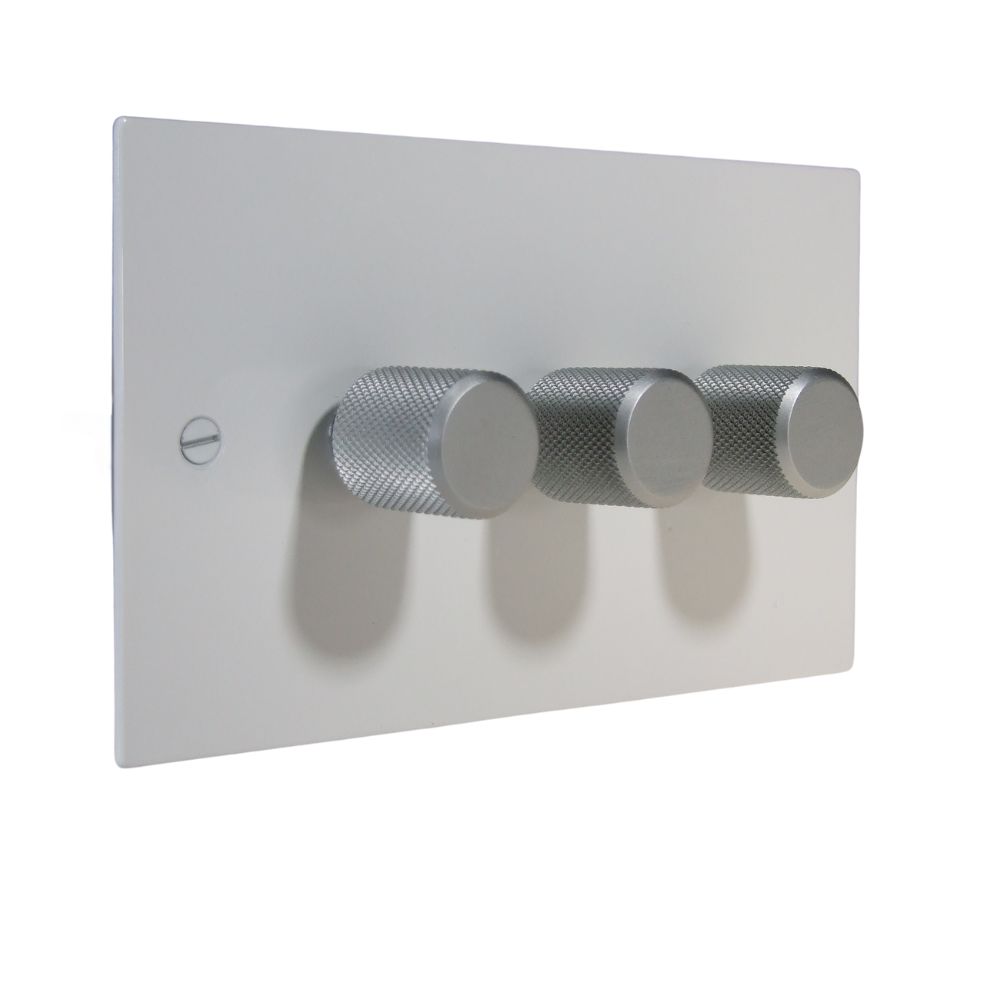 Gloss White Metal Flat Plate Triple LED Dimmer Light Switch with Satin Retro Caps