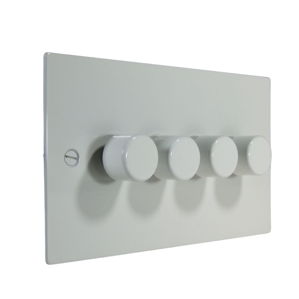 Gloss White Metal Flat Plate 4 Switch 250W Dimmer Light Switch with Matching Caps