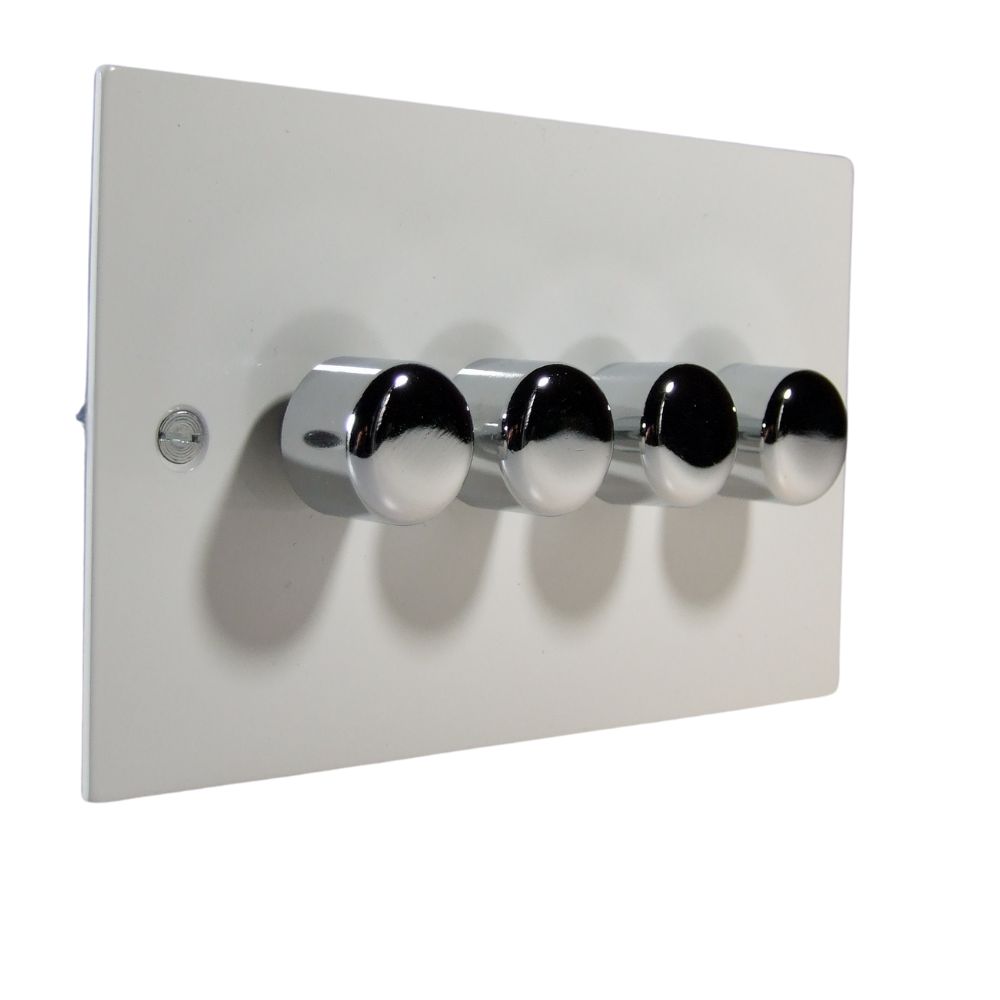 Gloss White Metal Flat Plate 4 Switch 250W Dimmer Light Switch with Polished Chrome Caps