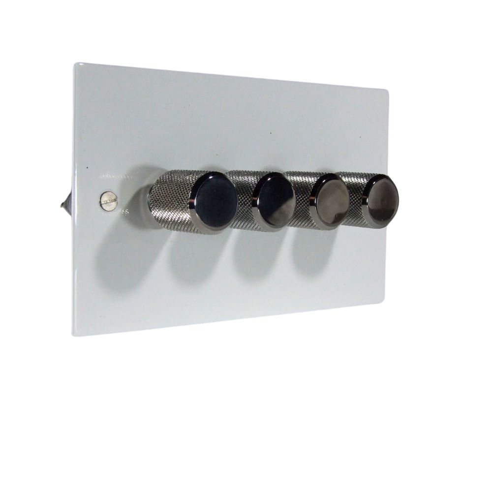 Gloss White Metal Flat Plate 4 Switch LED Dimmer Light Switch with Chrome Retro Caps