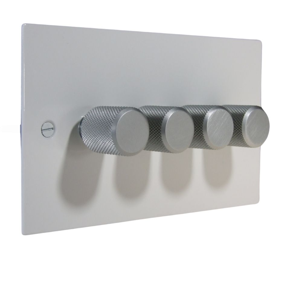 Gloss White Metal Flat Plate 4 Switch LED Dimmer Light Switch with Satin Retro Caps