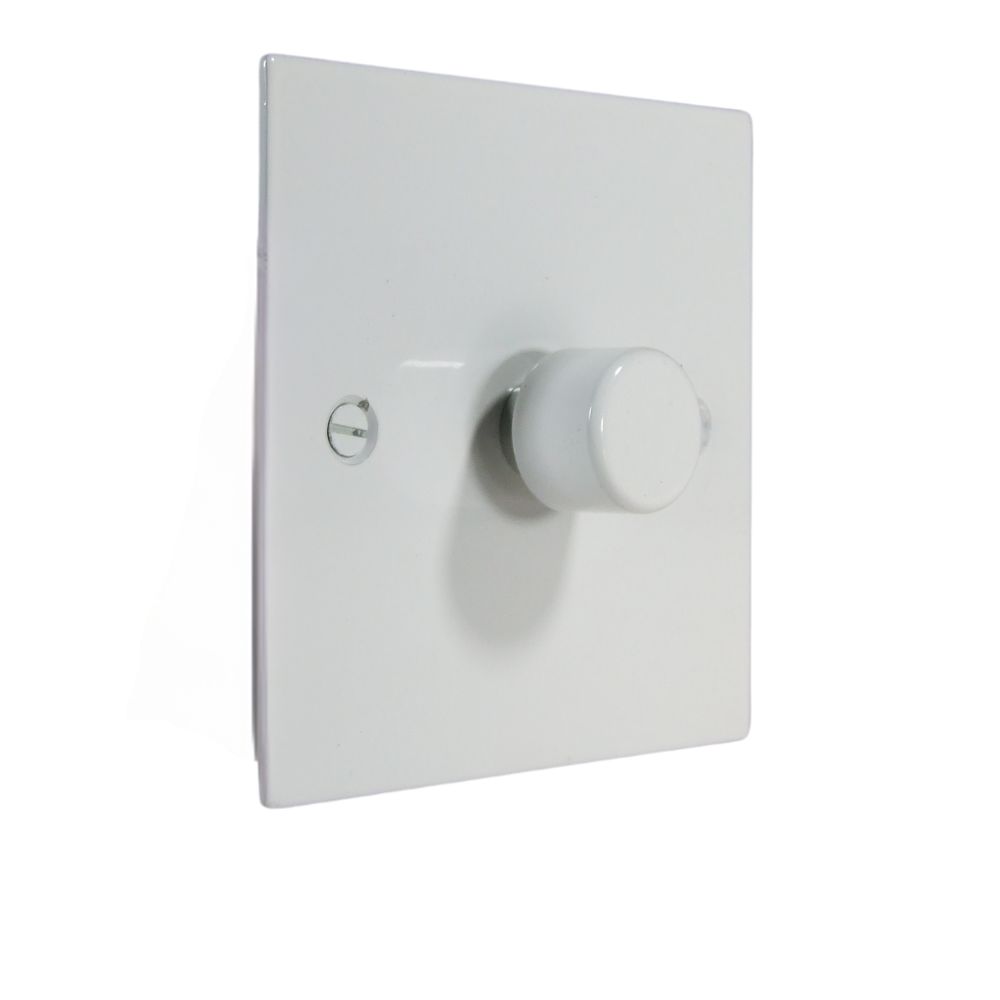 Gloss White Metal Flat Plate Single LED Dimmer Light Switch with Matching Cap