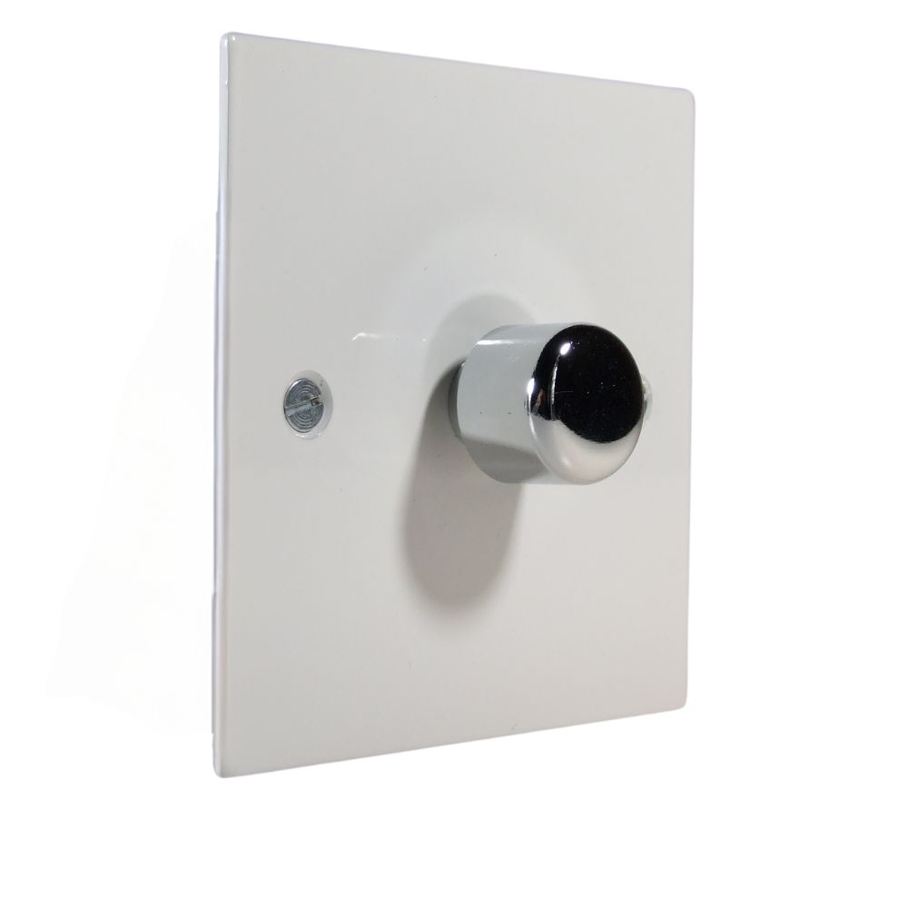 Gloss White Metal Flat Plate Single Fan Control Dimmer Light Switch with Polished Chrome Cap