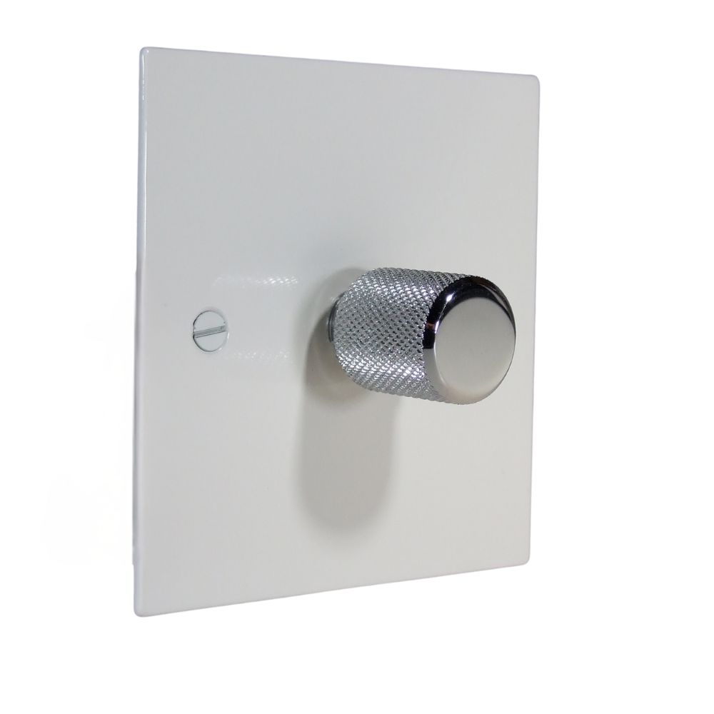 Gloss White Metal Flat Plate Single LED Dimmer Light Switch with Chrome Retro Cap