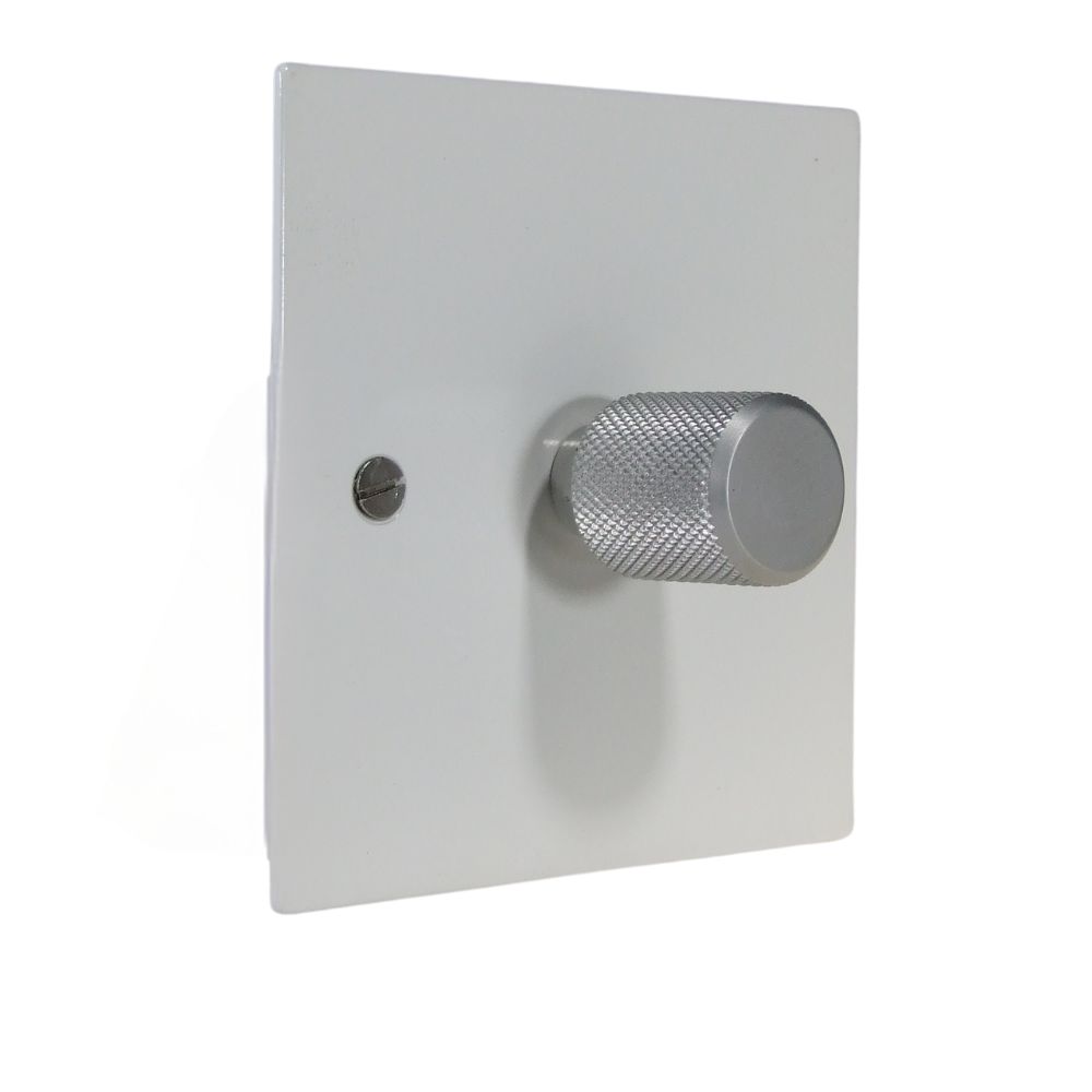 Gloss White Metal Flat Plate Single 400W Dimmer Light Switch with Satin Retro Cap