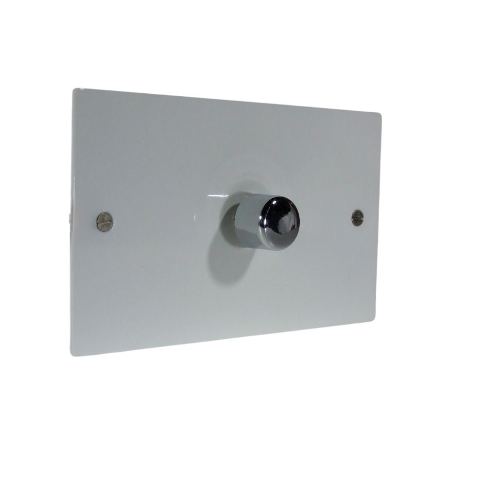 Gloss White Metal Flat Plate Single 400W Dimmer Light Switch Twin Plate with Polished Chrome Cap