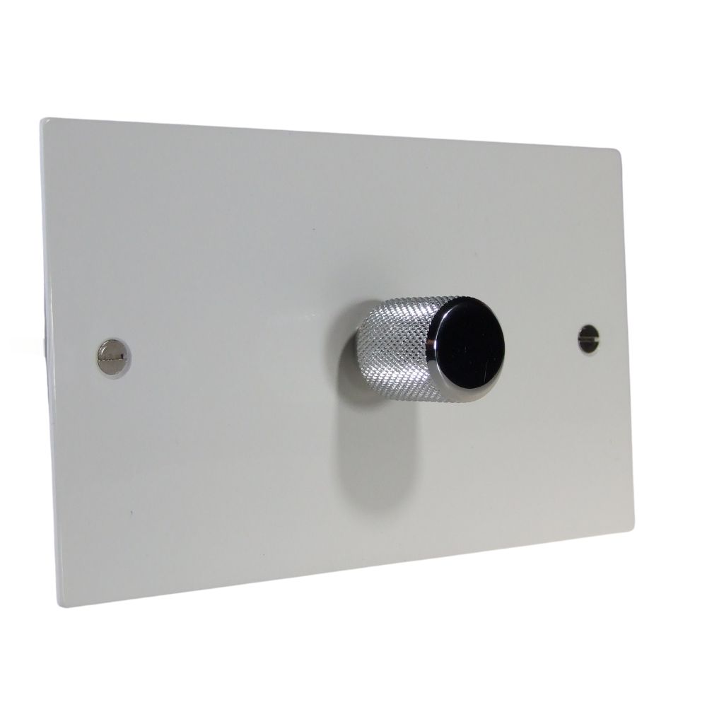 Gloss White Metal Flat Plate Single 400W Dimmer Light Switch Twin Plate with Chrome Retro Cap