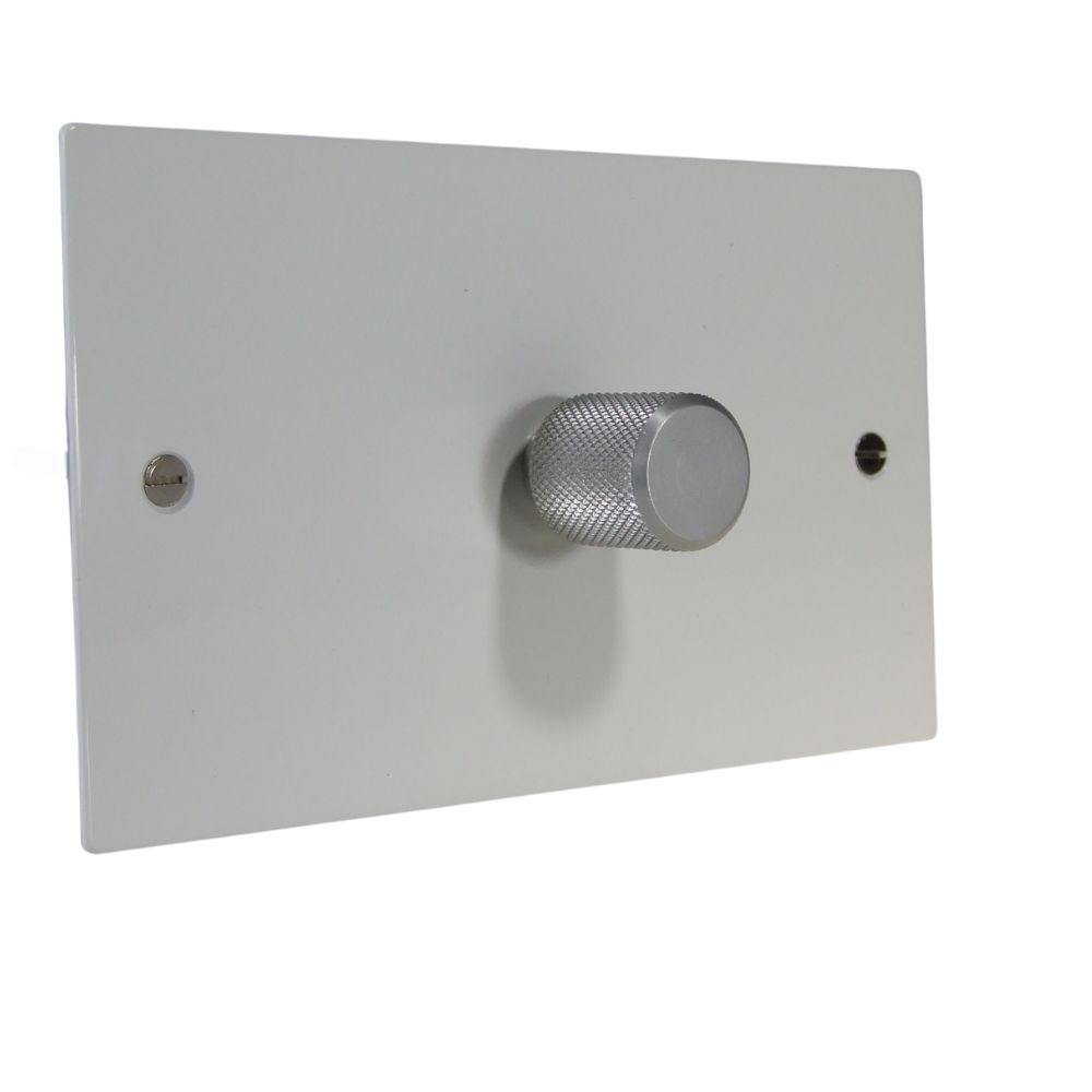 Gloss White Metal Flat Plate Single 400W Dimmer Light Switch Twin Plate with Satin Retro Cap