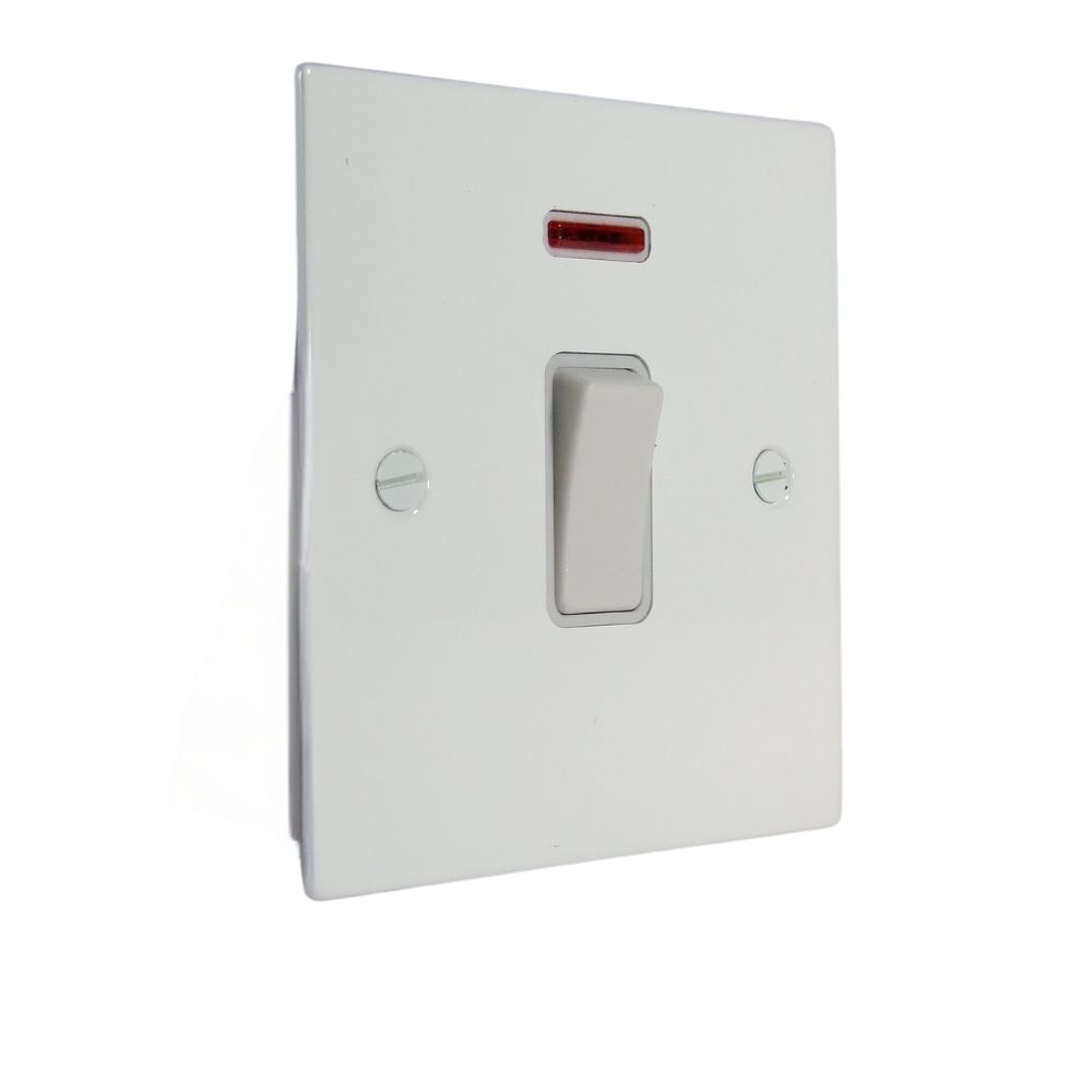 Gloss White Metal Flat Plate Double Pole with Neon Light Switch White