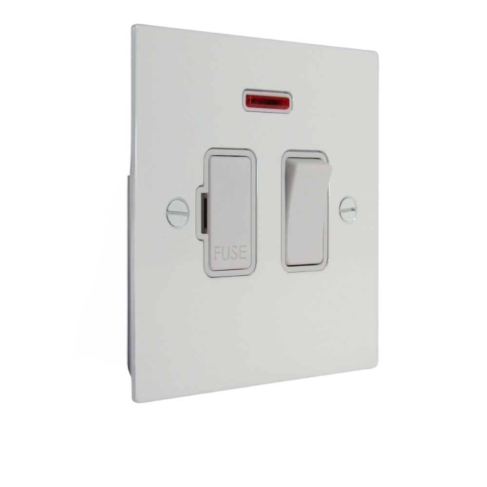 Gloss White Metal Flat Plate Switch Fuse Spur with Neon White