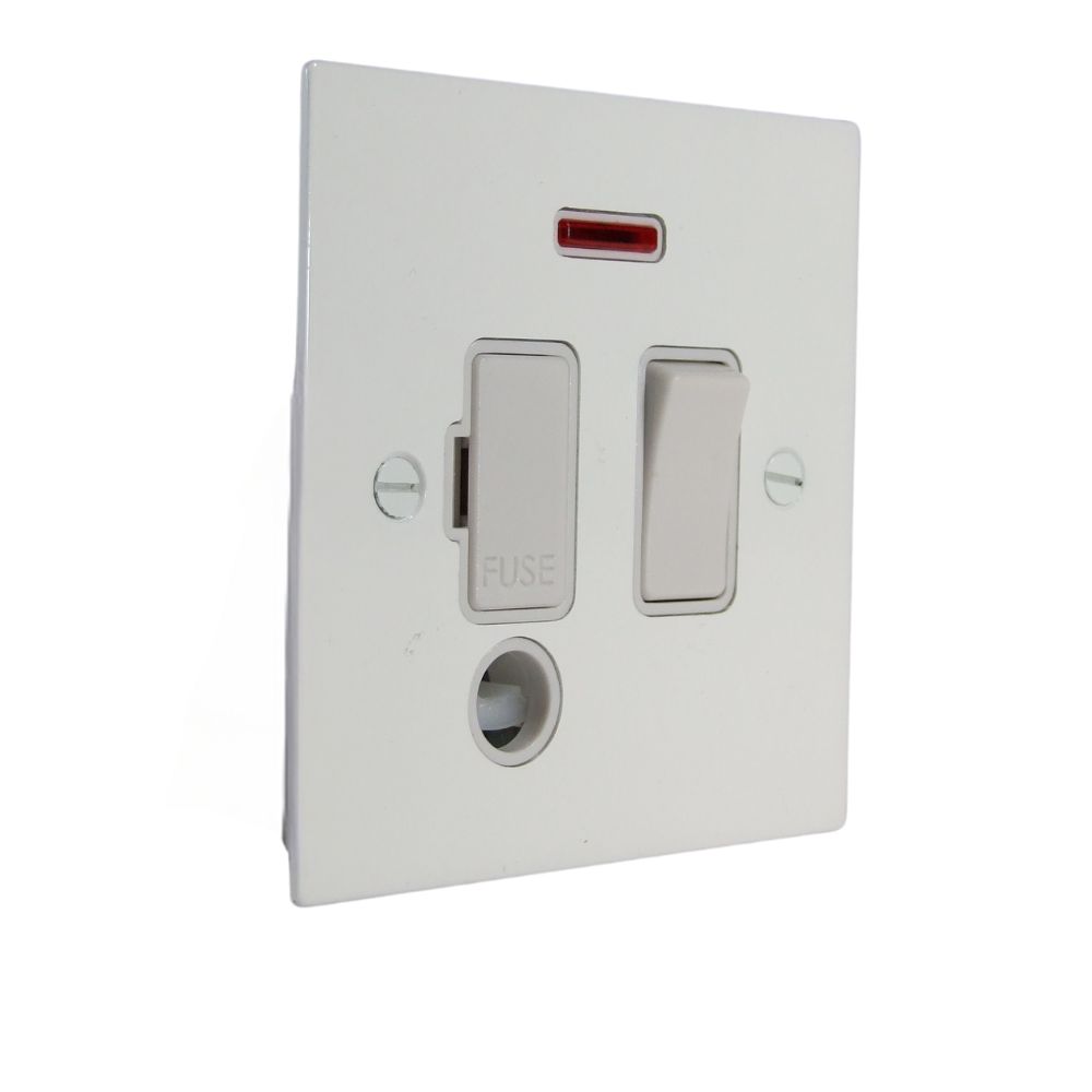 Gloss White Metal Flat Plate Switch Fuse Spur with Neon and Flex Outlet White
