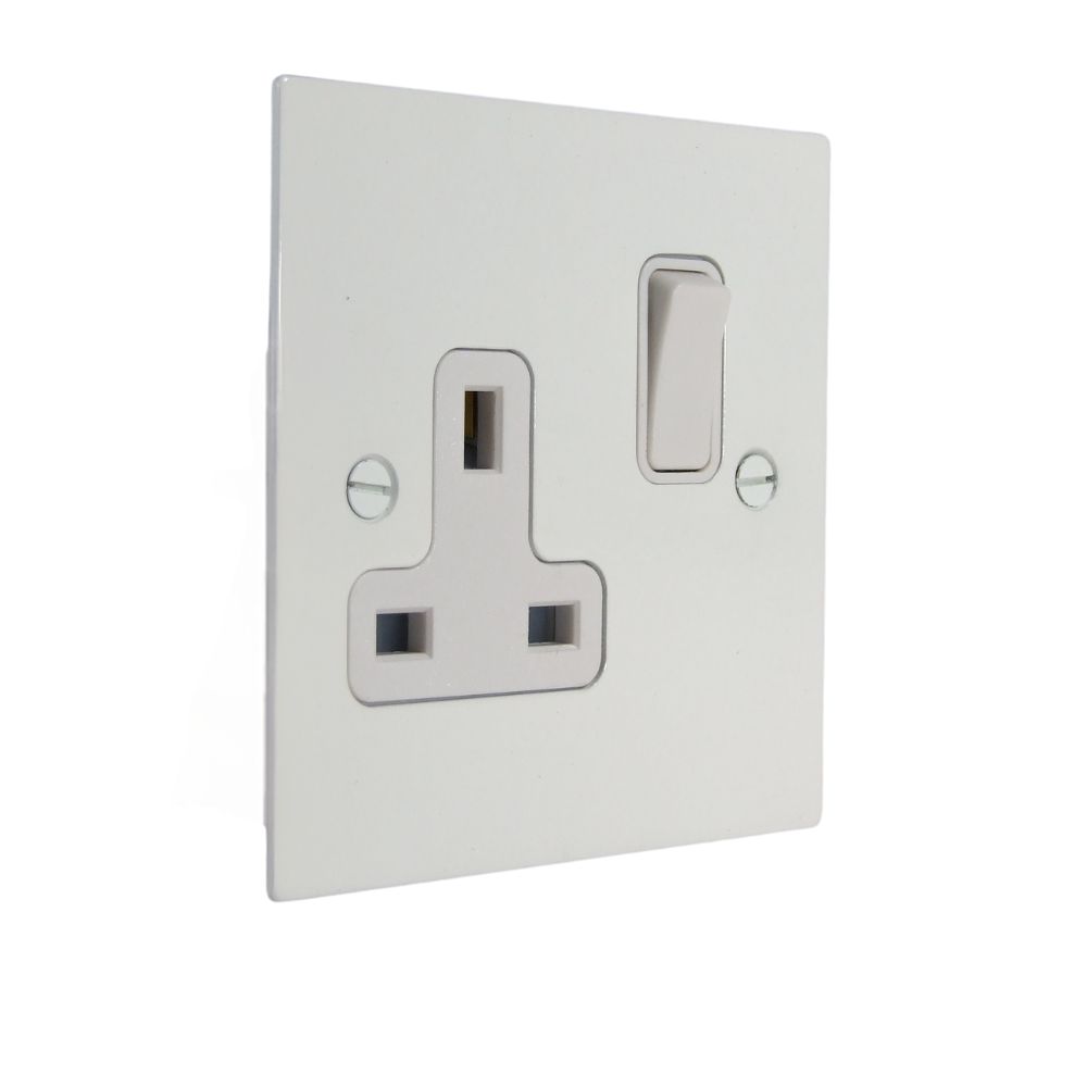 Gloss white Metal Flat Plate Single Switched Socket White