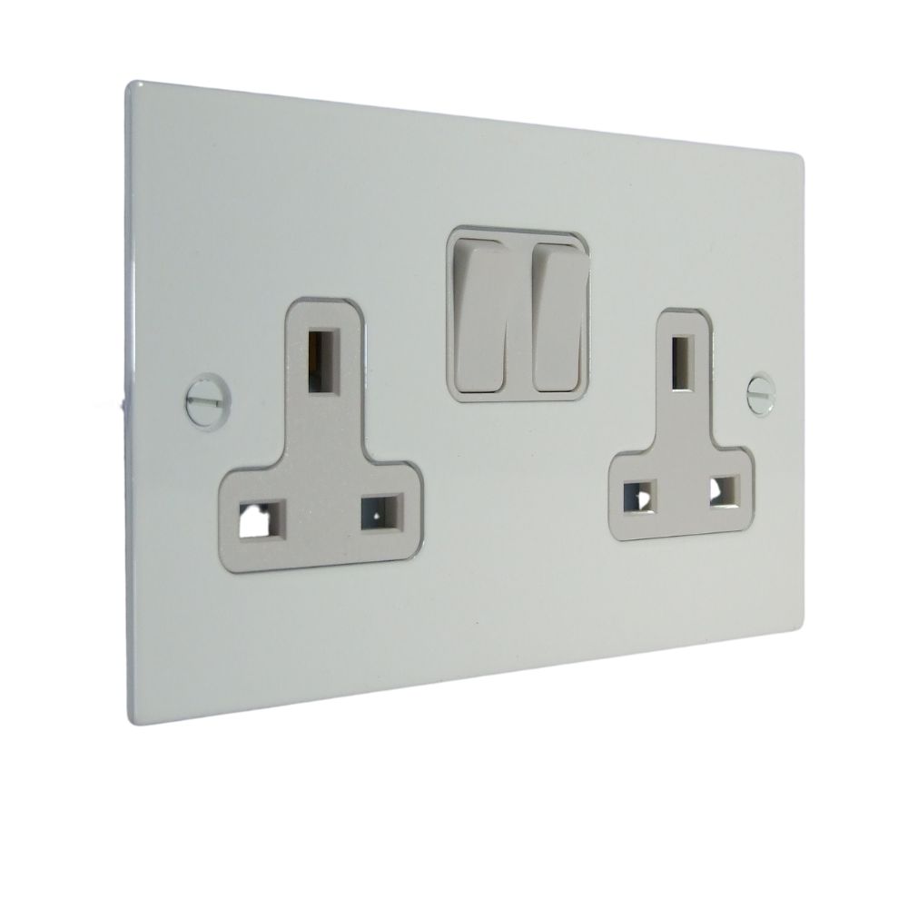 Gloss white Metal Flat Plate Double Switched Socket White