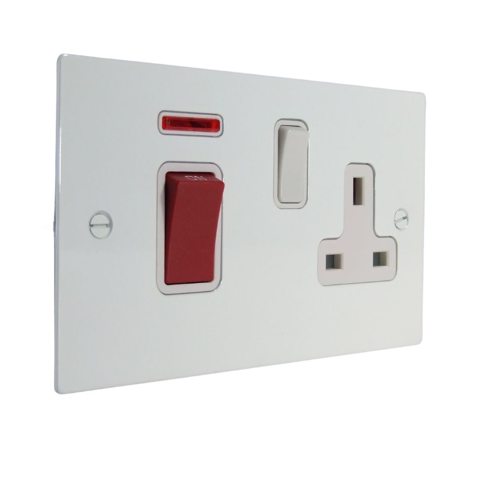 Gloss White Metal Flat Plate Double Pole Cooker Switch with Neon and Single Switched Socket White