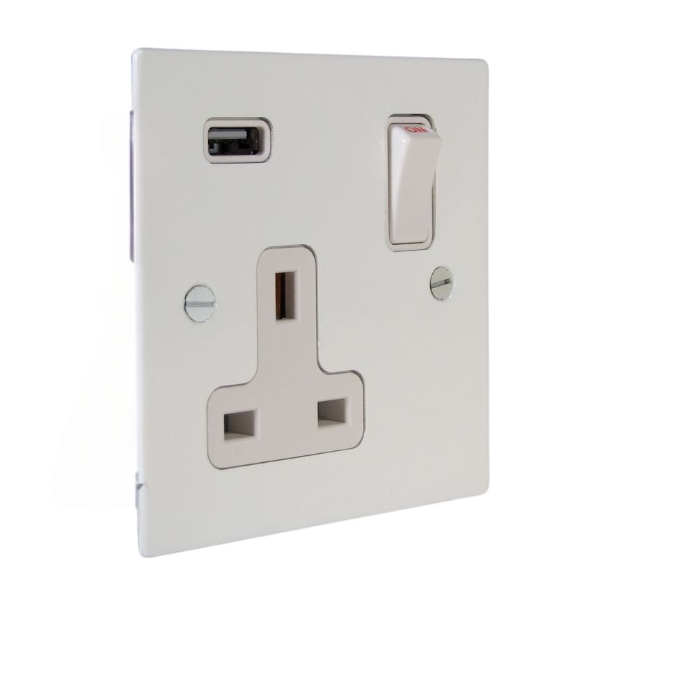 Gloss white Metal Flat Plate Single Switched USB Socket White