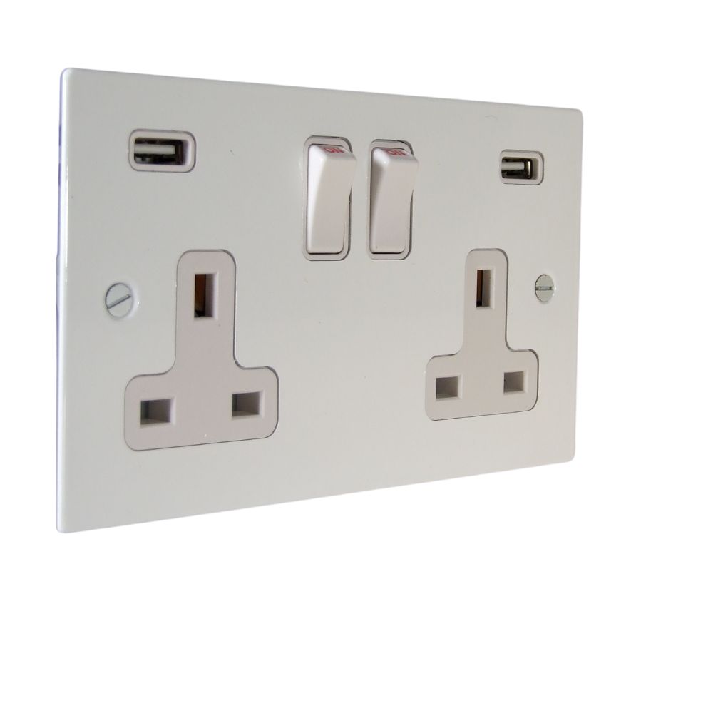 Gloss white Metal Flat Plate Double Switched USB Socket White