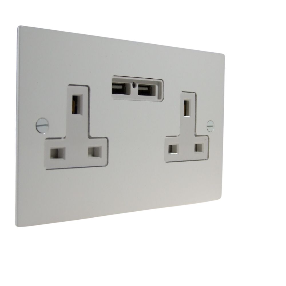 Gloss white Metal Flat Plate Double Unswitched USB Socket White