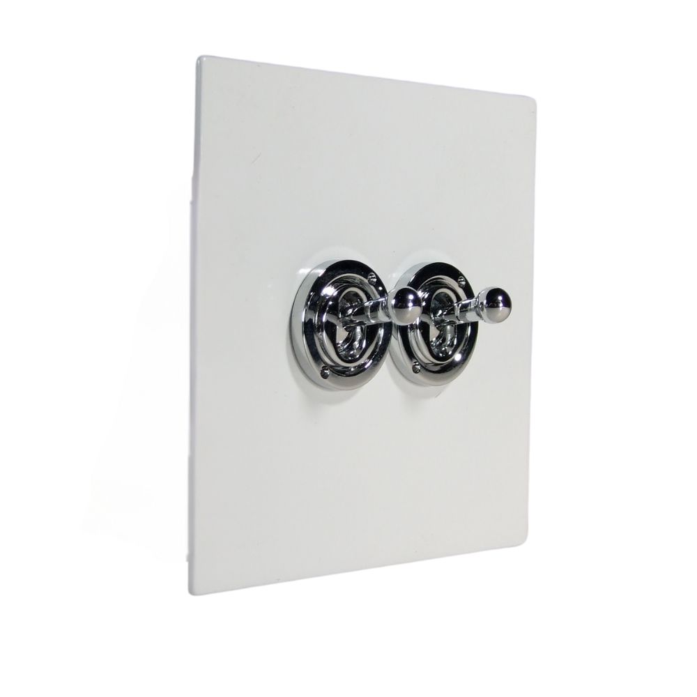 Gloss White Metal Flat Plate Double Intermediate Light Switch Polished Chrome Period Toggle