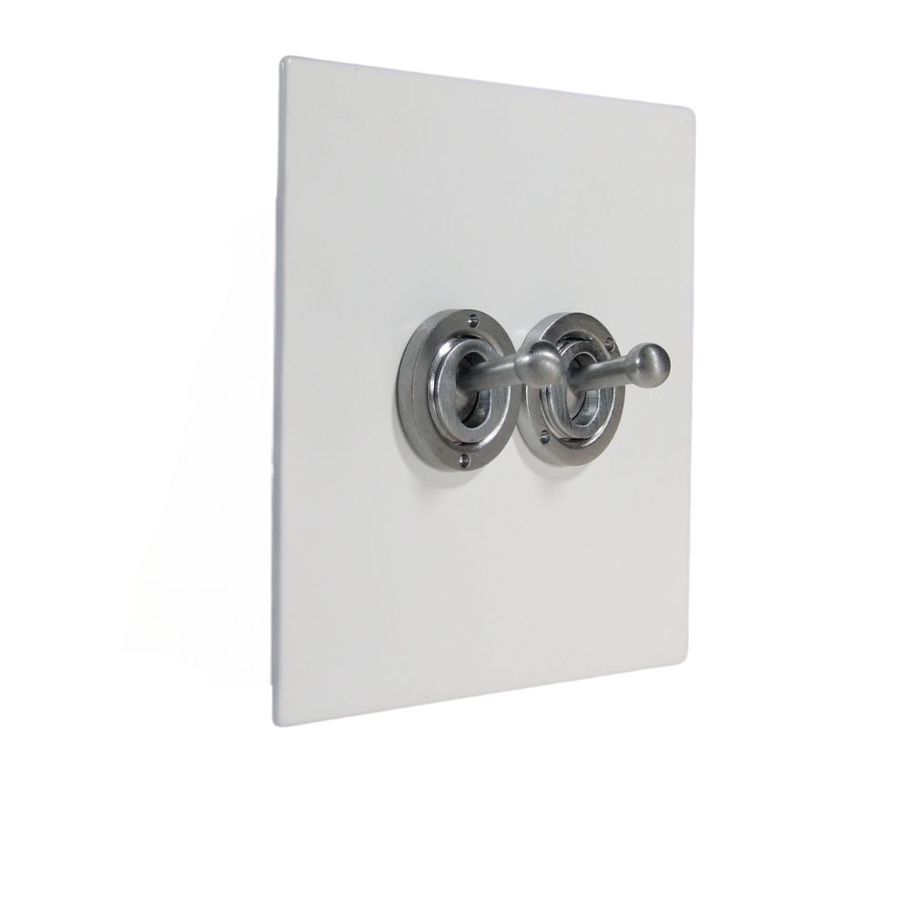 Gloss White Metal Flat Plate Double Light Switch Satin Stainless Period Toggle