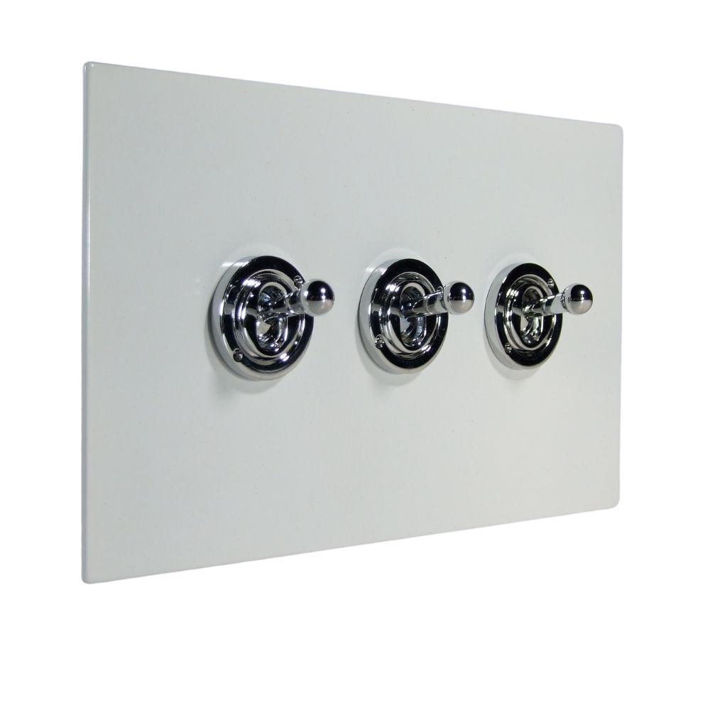 Gloss White Metal Flat Plate Triple Light Switch Polished Chrome Period Toggle