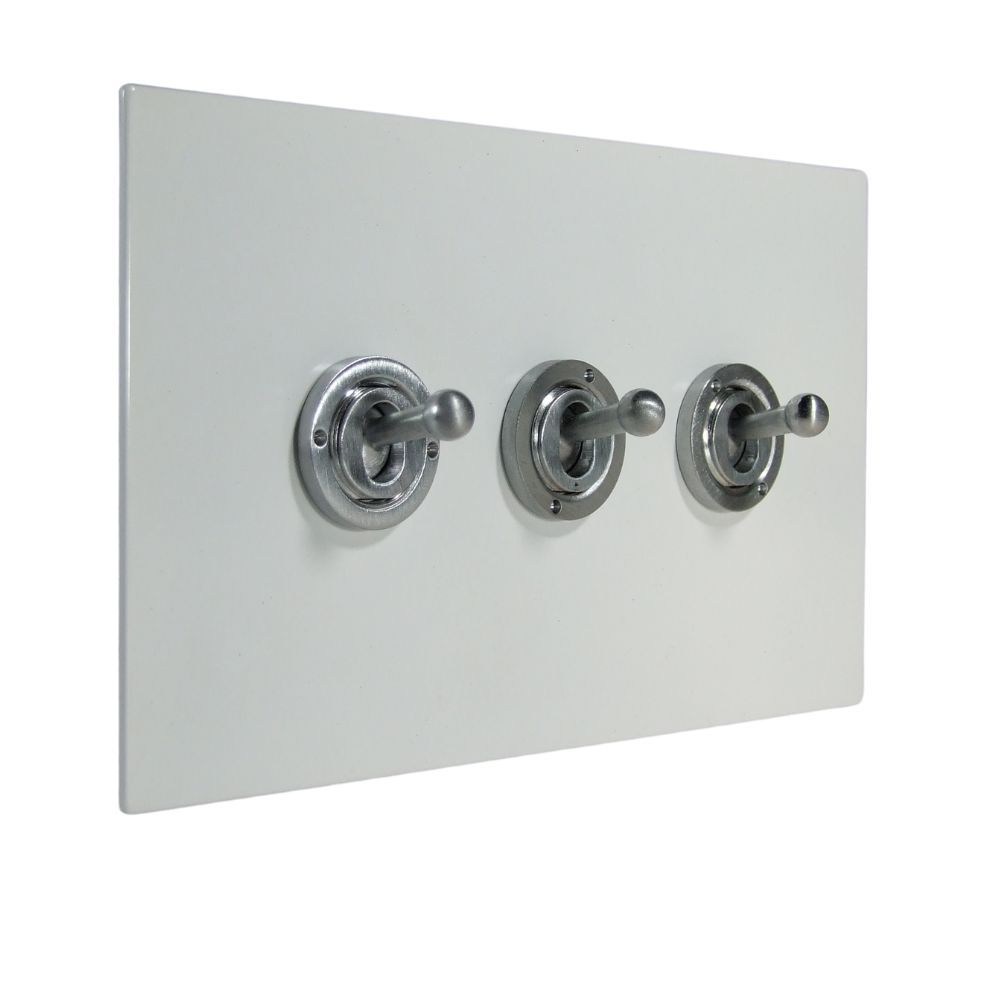 Gloss White Metal Flat Plate Triple Light Switch Satin Stainless Period Toggle