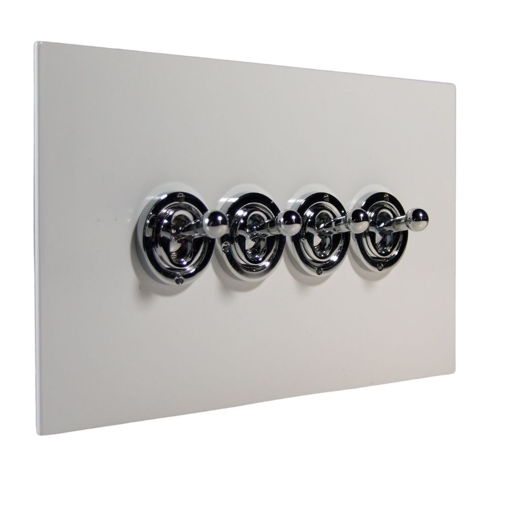 Gloss White Metal Flat Plate 4 Switch Light Switch Polished Chrome Period Toggle