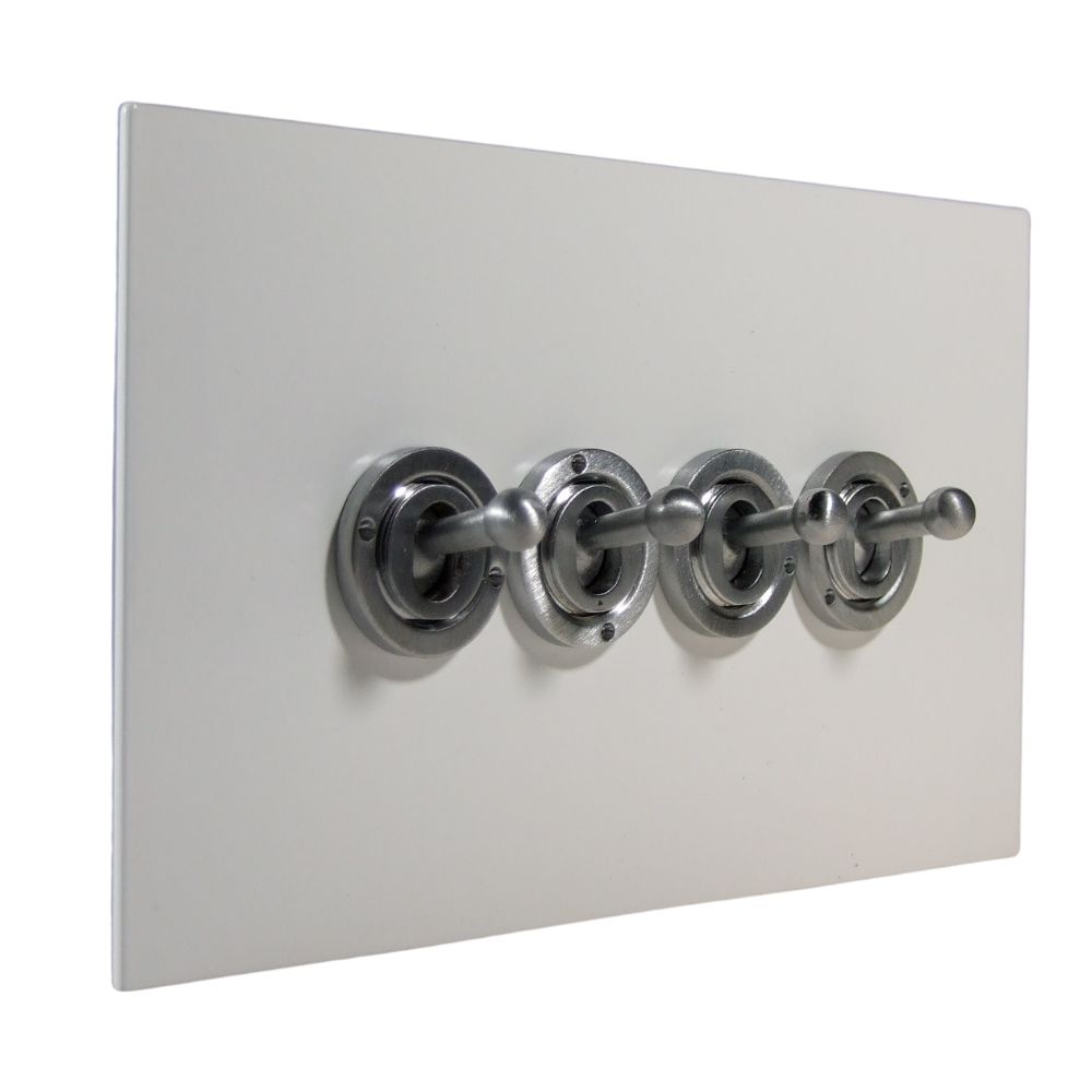 Gloss White Metal Flat Plate 4 Switch Light Switch Satin Stainless Period Toggle