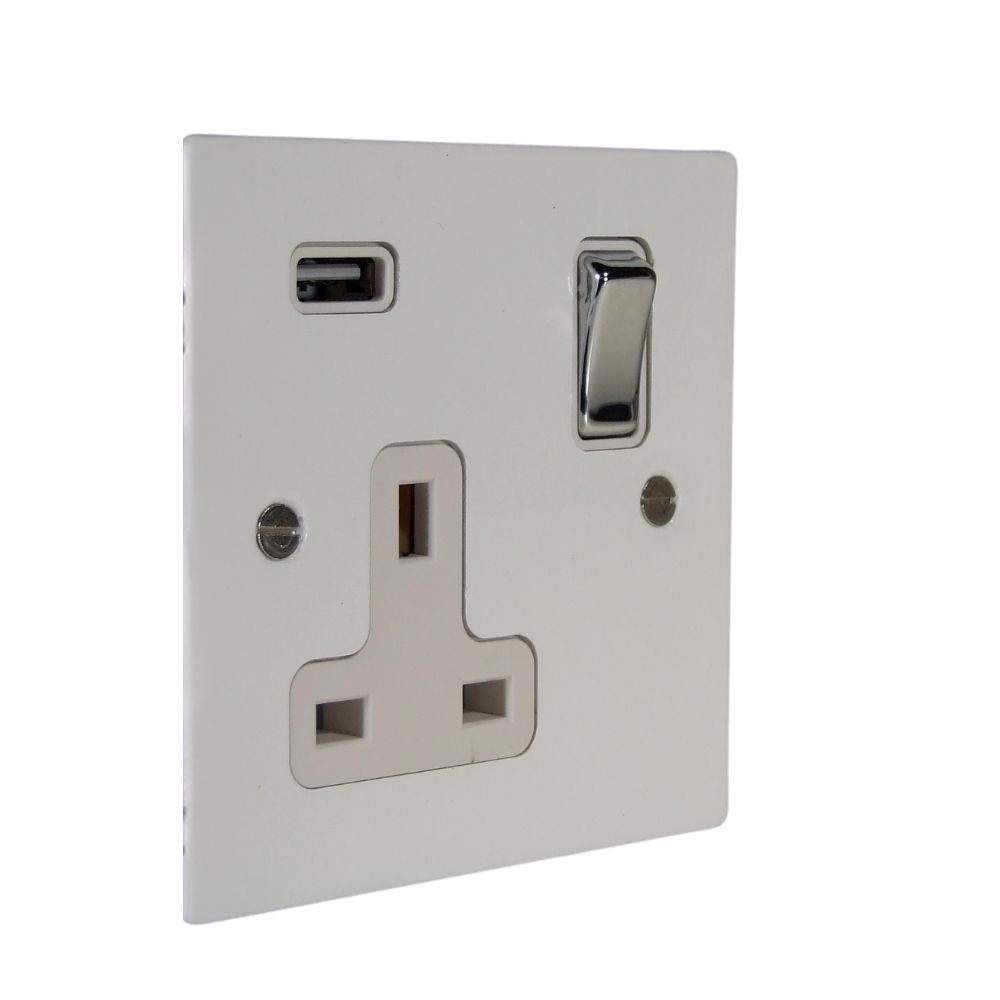 Gloss white Metal Flat Plate Single Switched USB Socket Polished Chrome and White
